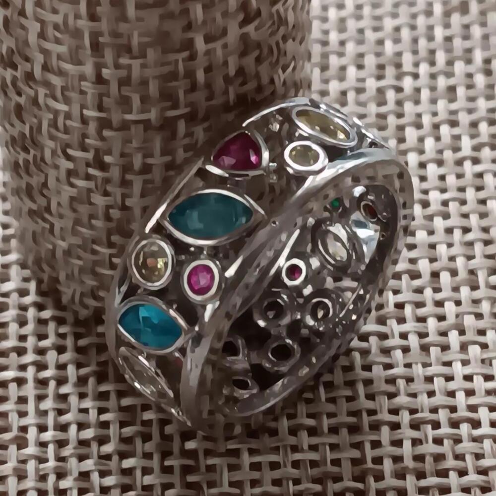 Elegant Multi-Color Gemstone Silver Ring